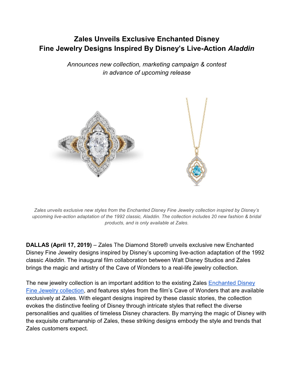 Zales Unveils Exclusive Enchanted Disney Fine Jewelry Designs Inspired by Disney’S Live-Action Aladdin