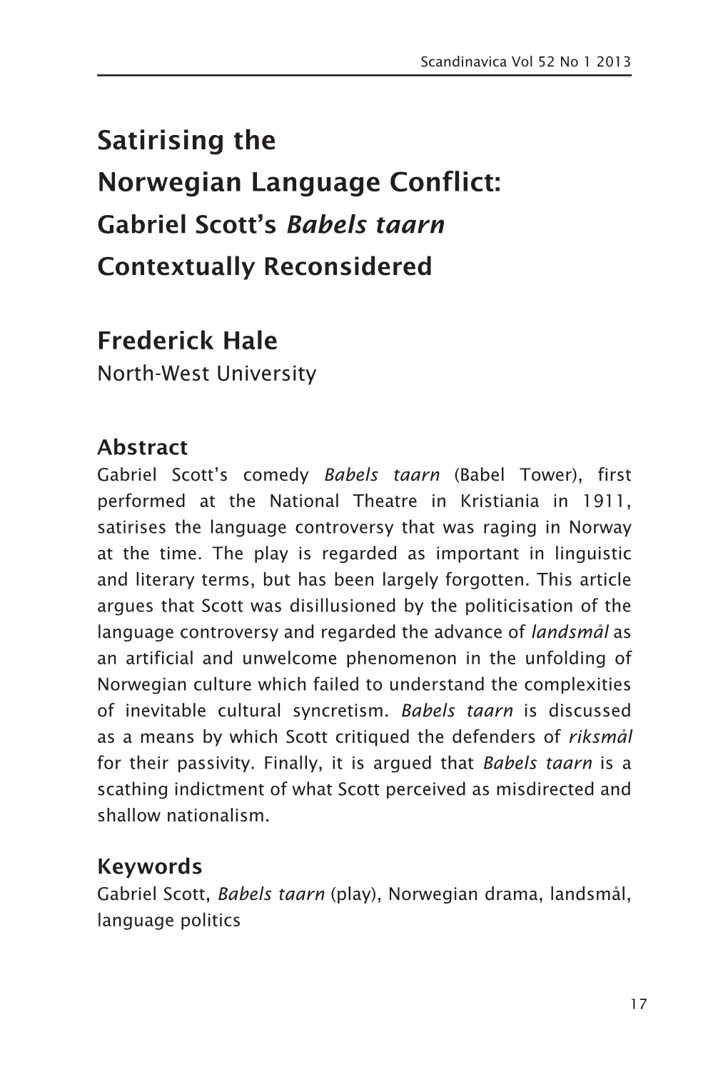 Satirising the Norwegian Language Conflict: Gabriel Scott’S Babels Taarn Contextually Reconsidered