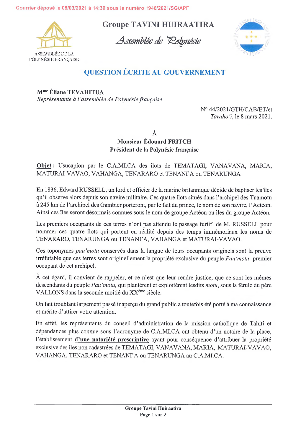 Question Écrite De Mme TEVAHITUA Relative À L