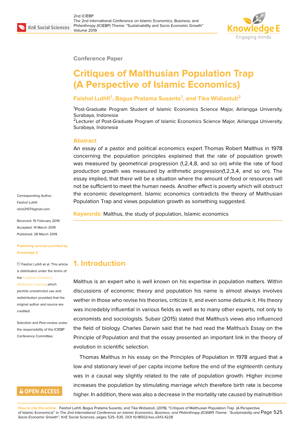 Critiques of Malthusian Population Trap (A Perspective of Islamic Economics) Faishol Luthﬁ1, Bagus Pratama Susanto1, and Tika Widiastuti2