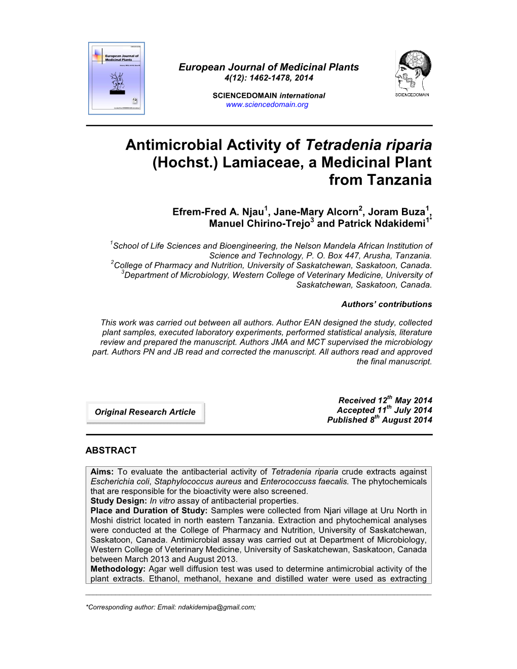 Antimicrobial Activity of Tetradenia Riparia (Hochst.) Lamiaceae, a Medicinal Plant from Tanzania