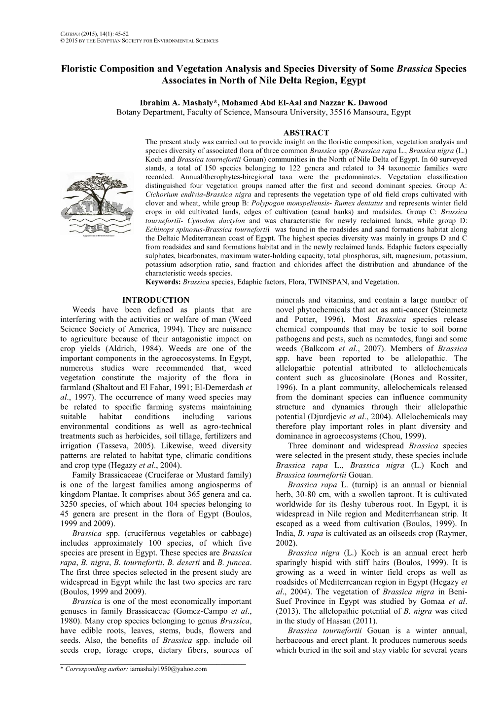 Floristic Composition and Vegetation Analysis and Species Diversity of Some Brassica Species Associates in North of Nile Delta Region, Egypt