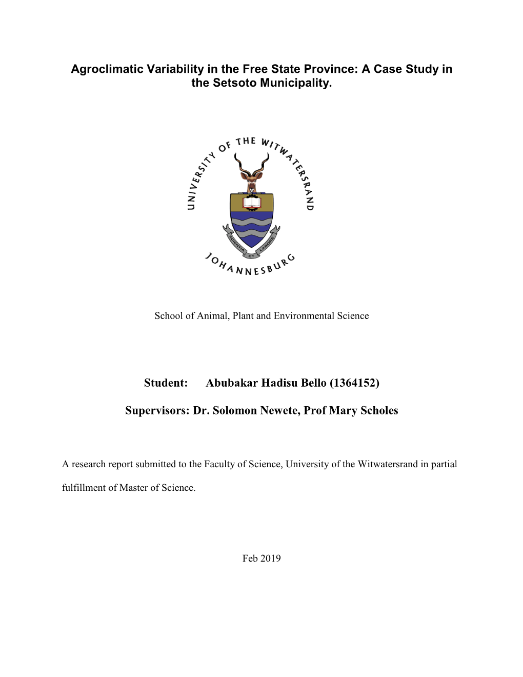 Agroclimatic Variability in the Free State Province: a Case Study in the Setsoto Municipality