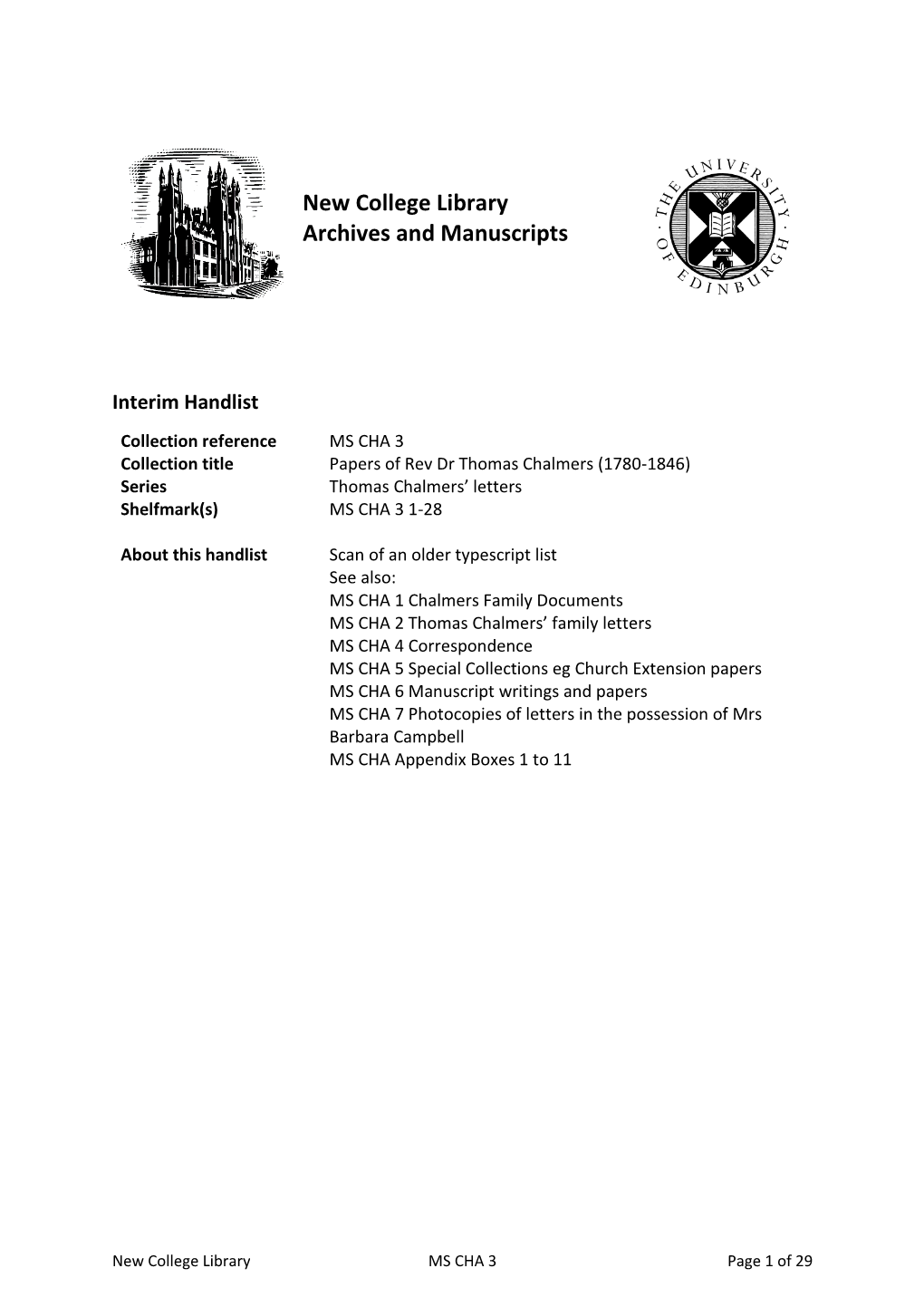 New College Library Archives and Manuscripts