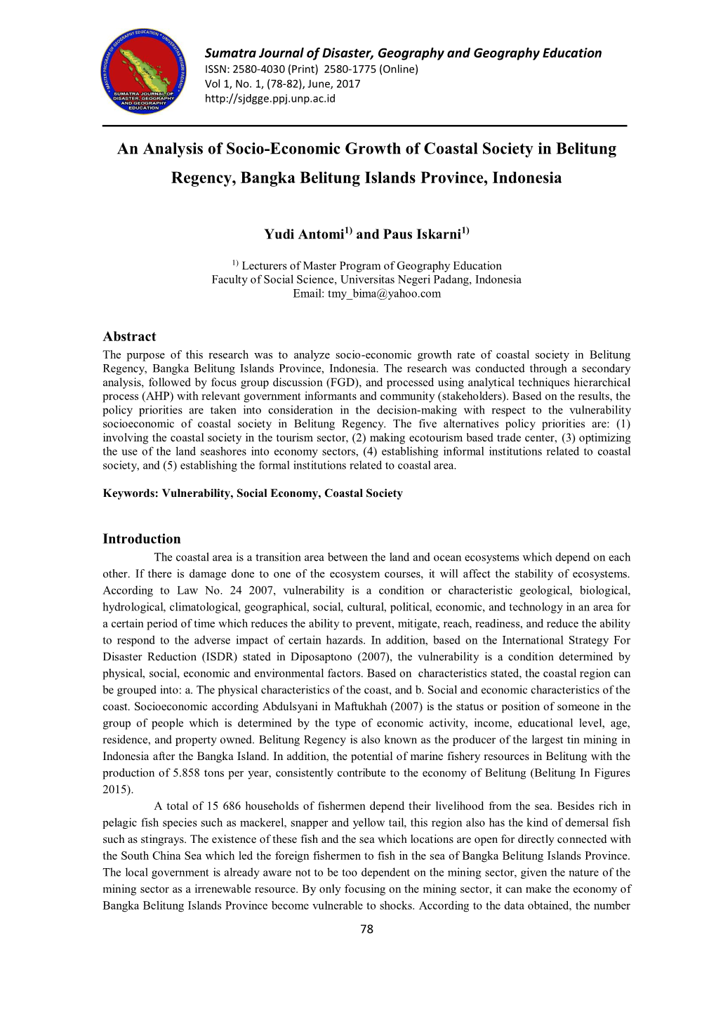 An Analysis of Socio-Economic Growth of Coastal Society in Belitung Regency, Bangka Belitung Islands Province, Indonesia