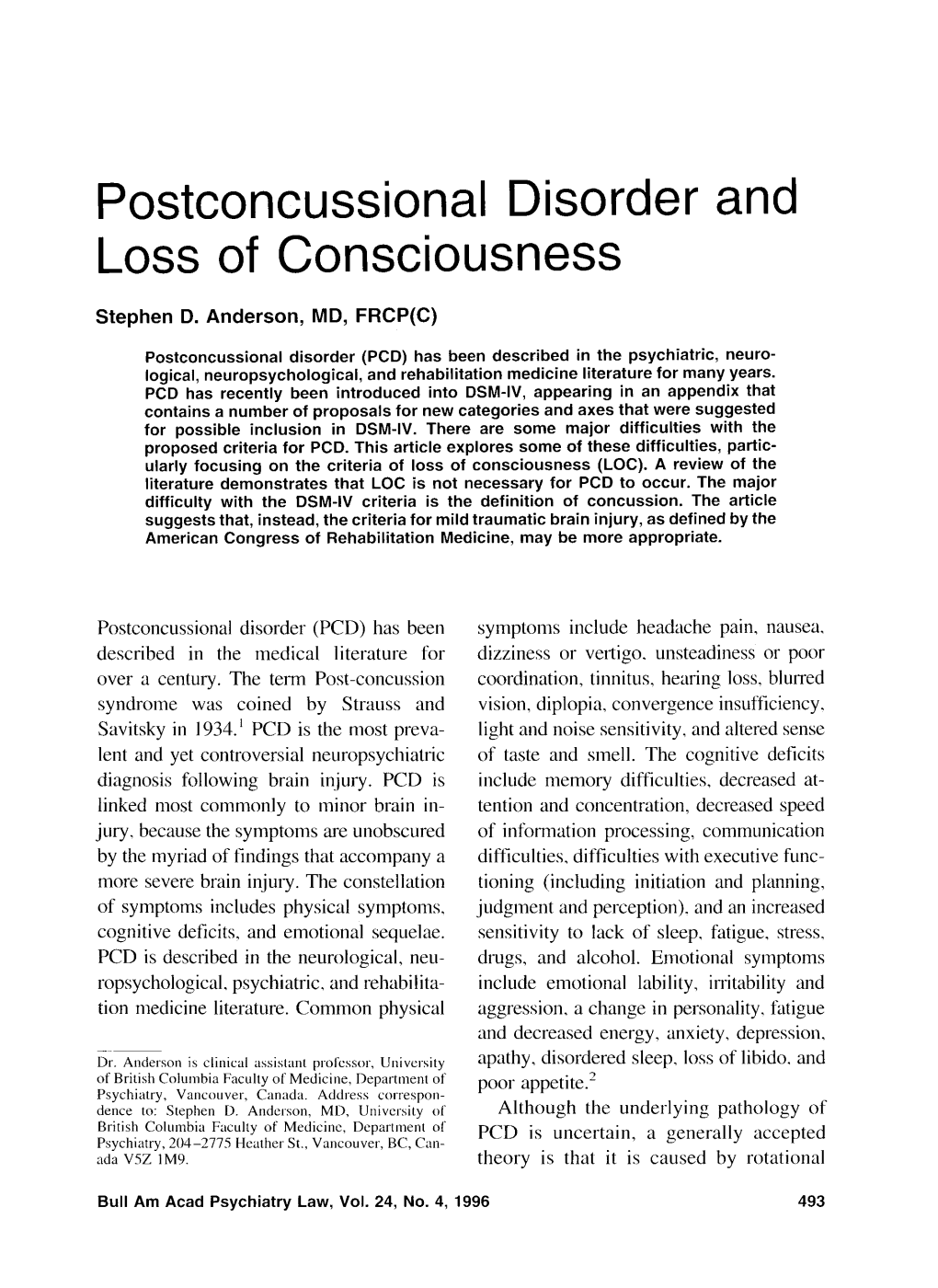 Postconcussional Disorder and Loss of Consciousness