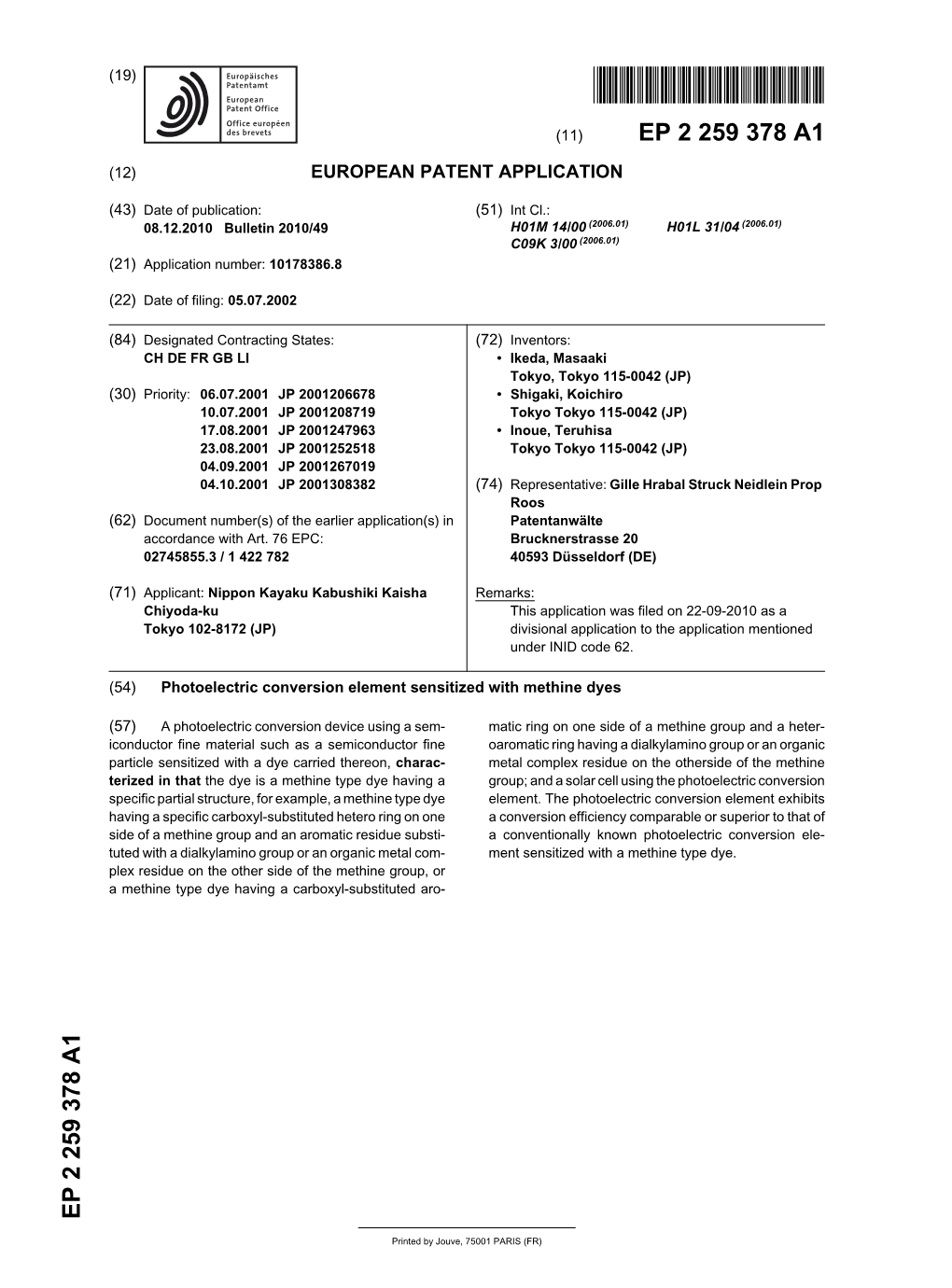 Photoelectric Conversion Element Sensitized with Methine Dyes