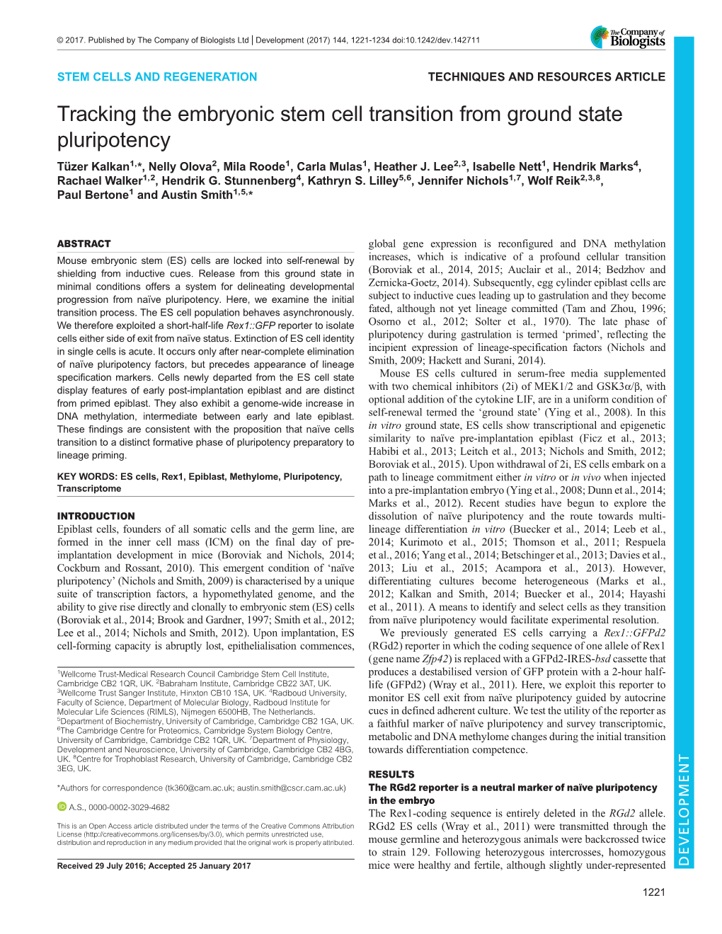 Tracking the Embryonic Stem Cell Transition from Ground State Pluripotency Tüzer Kalkan1,*, Nelly Olova2, Mila Roode1, Carla Mulas1, Heather J