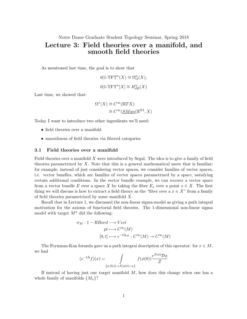 Lecture 3: Field Theories Over a Manifold, and Smooth Field Theories