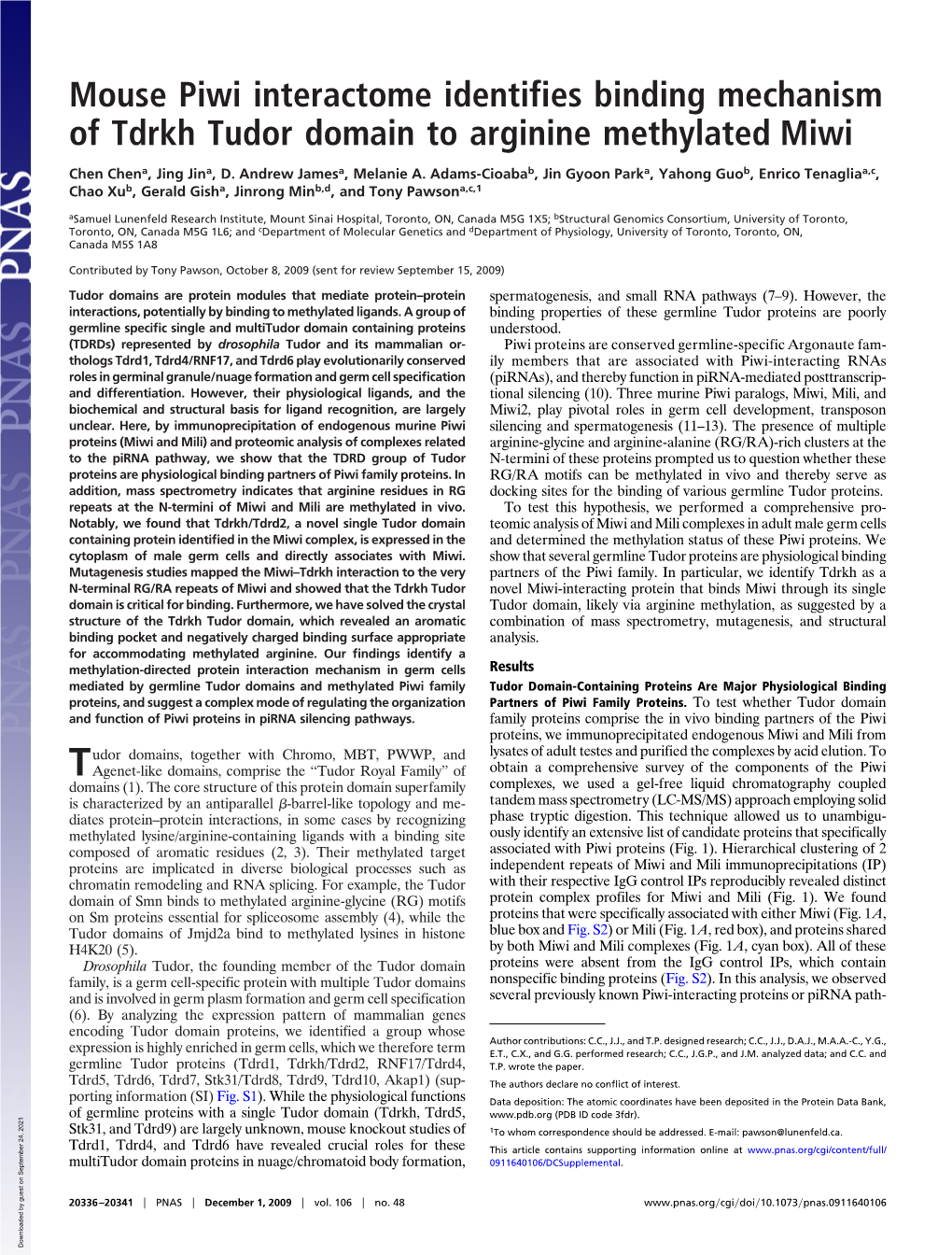 Mouse Piwi Interactome Identifies Binding Mechanism of Tdrkh Tudor Domain to Arginine Methylated Miwi