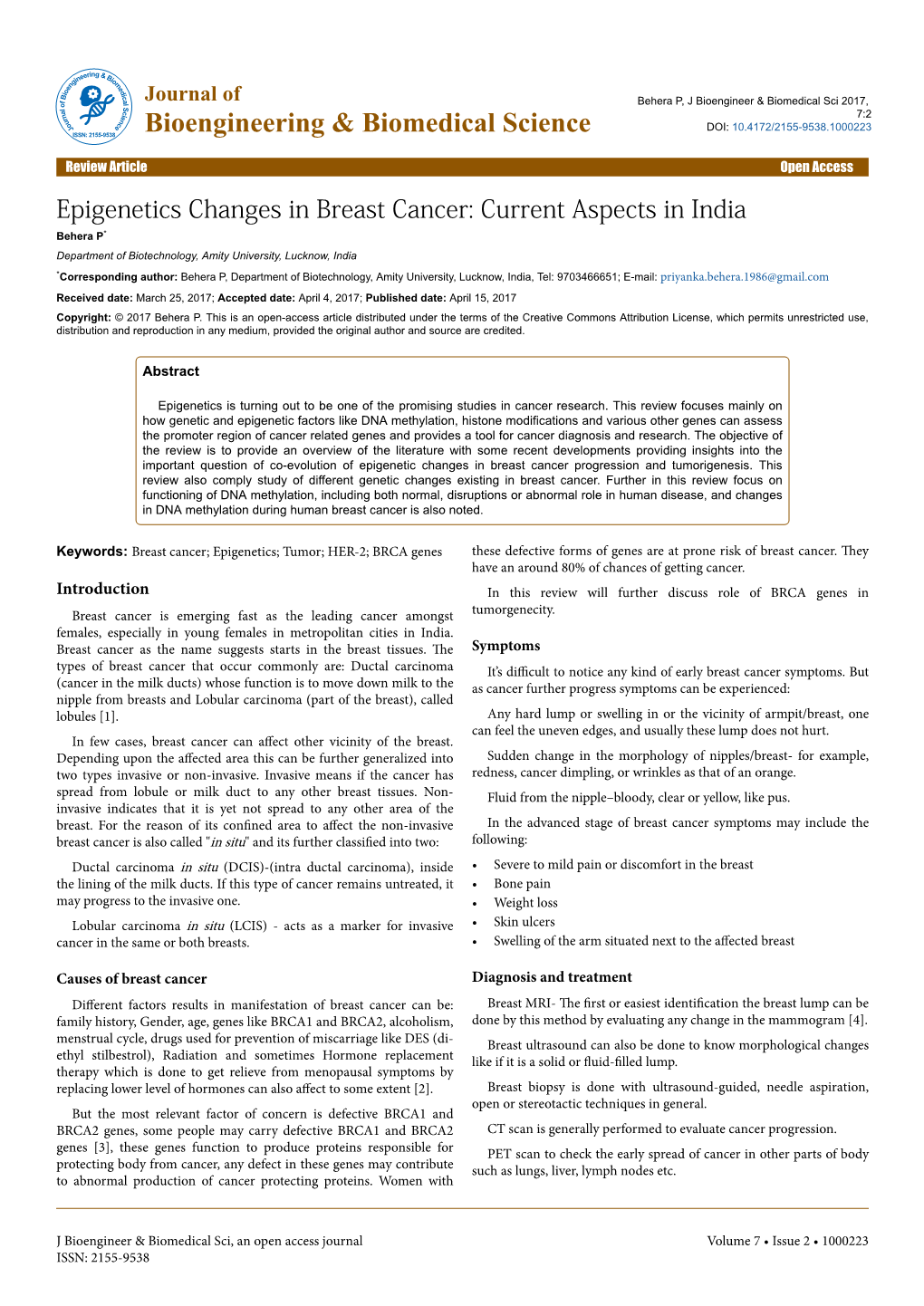 Epigenetics Changes in Breast Cancer