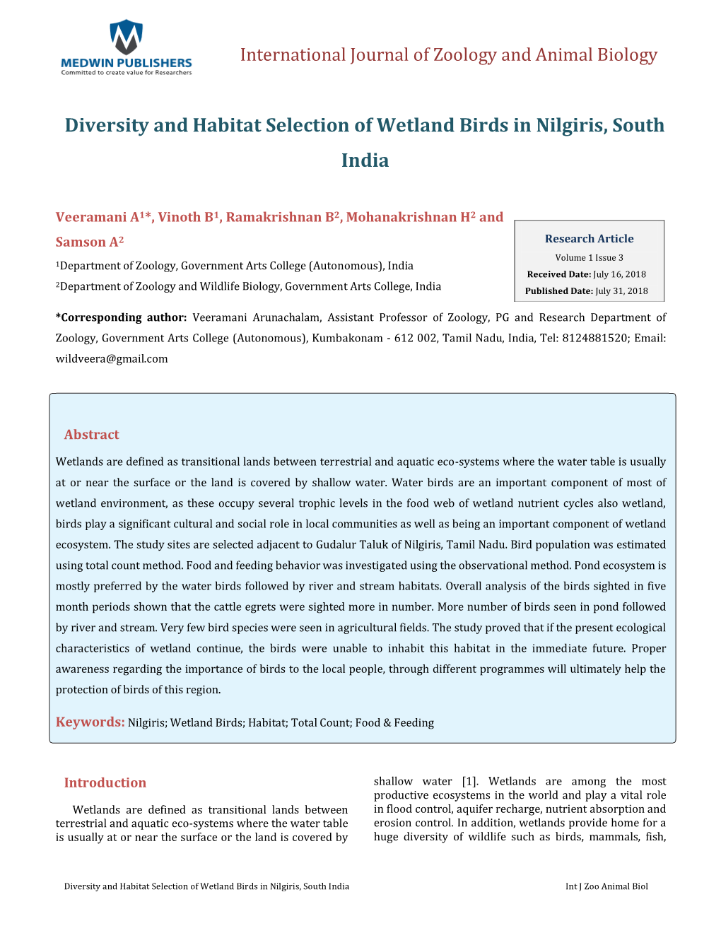 Diversity and Habitat Selection of Wetland Birds in Nilgiris, South India