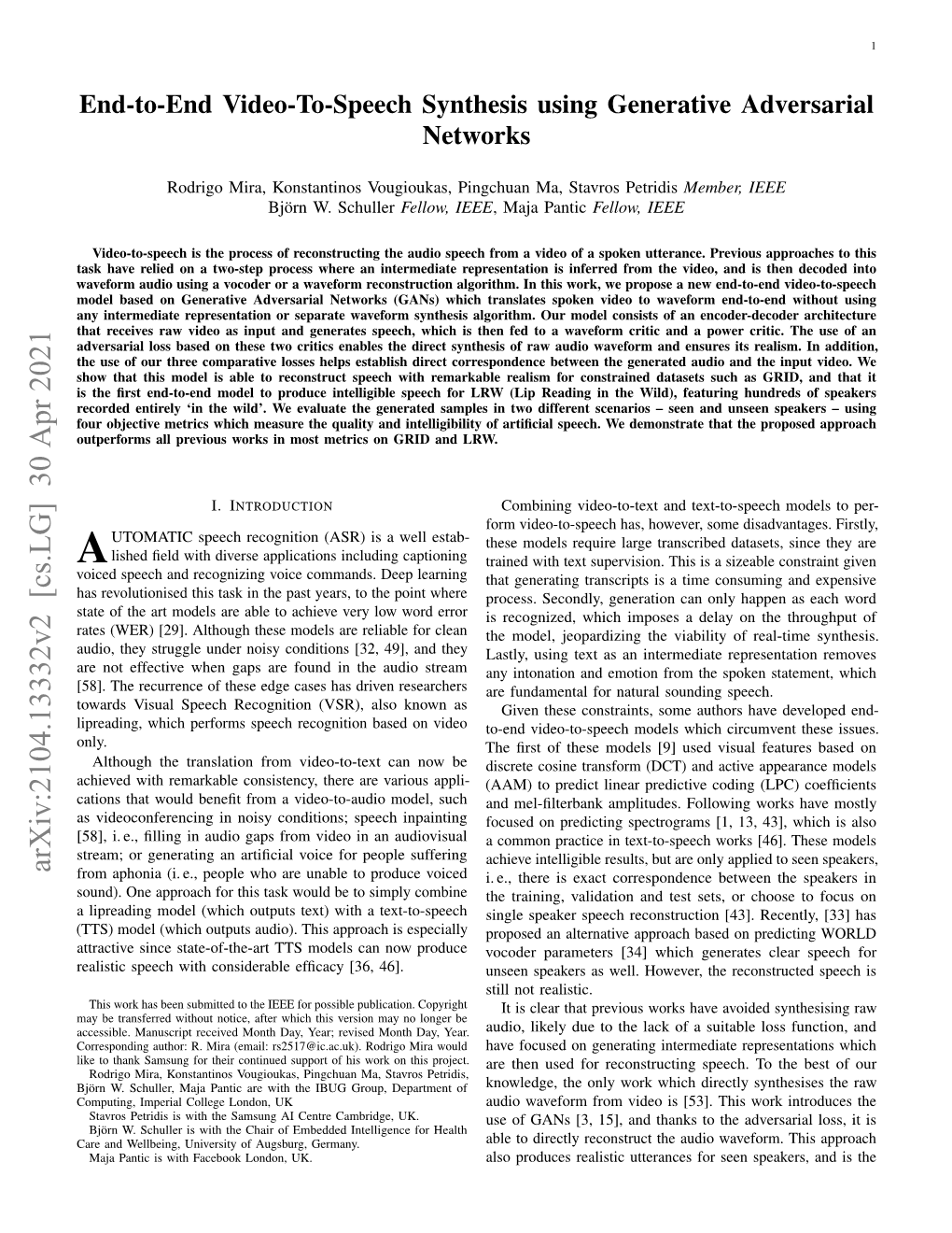 End-To-End Video-To-Speech Synthesis Using Generative Adversarial Networks