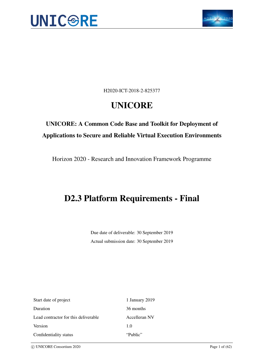 UNICORE D2.3 Platform Requirements