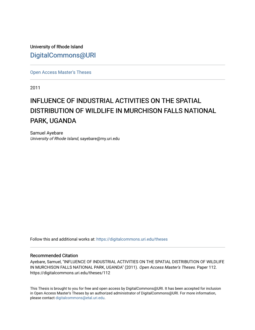 Influence of Industrial Activities on the Spatial Distribution of Wildlife in Murchison Falls National Park, Uganda