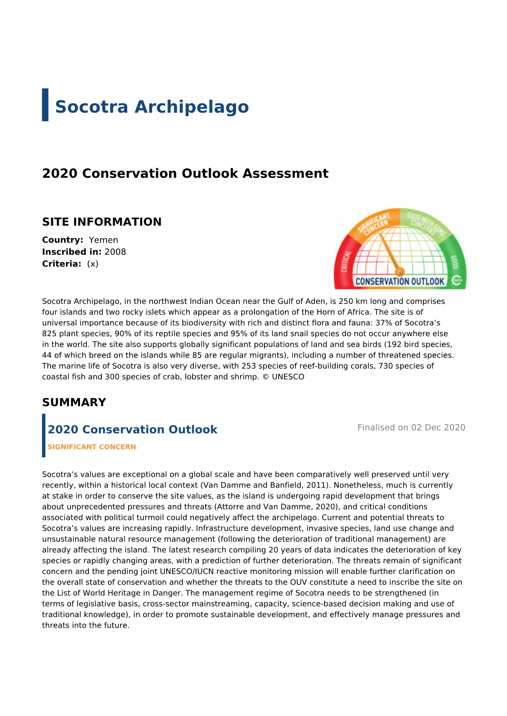 2020 Conservation Outlook Assessment