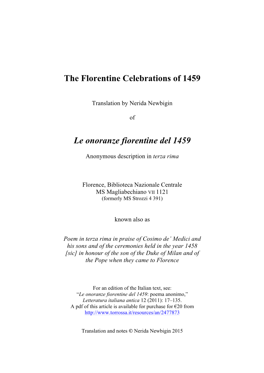 The Florentine Celebrations of 1459 Le Onoranze Fiorentine Del 1459