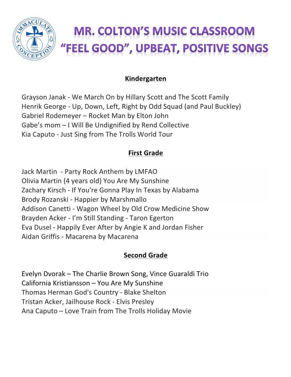 Mr. Colton's Classroom List of Positive Upbeat Songs