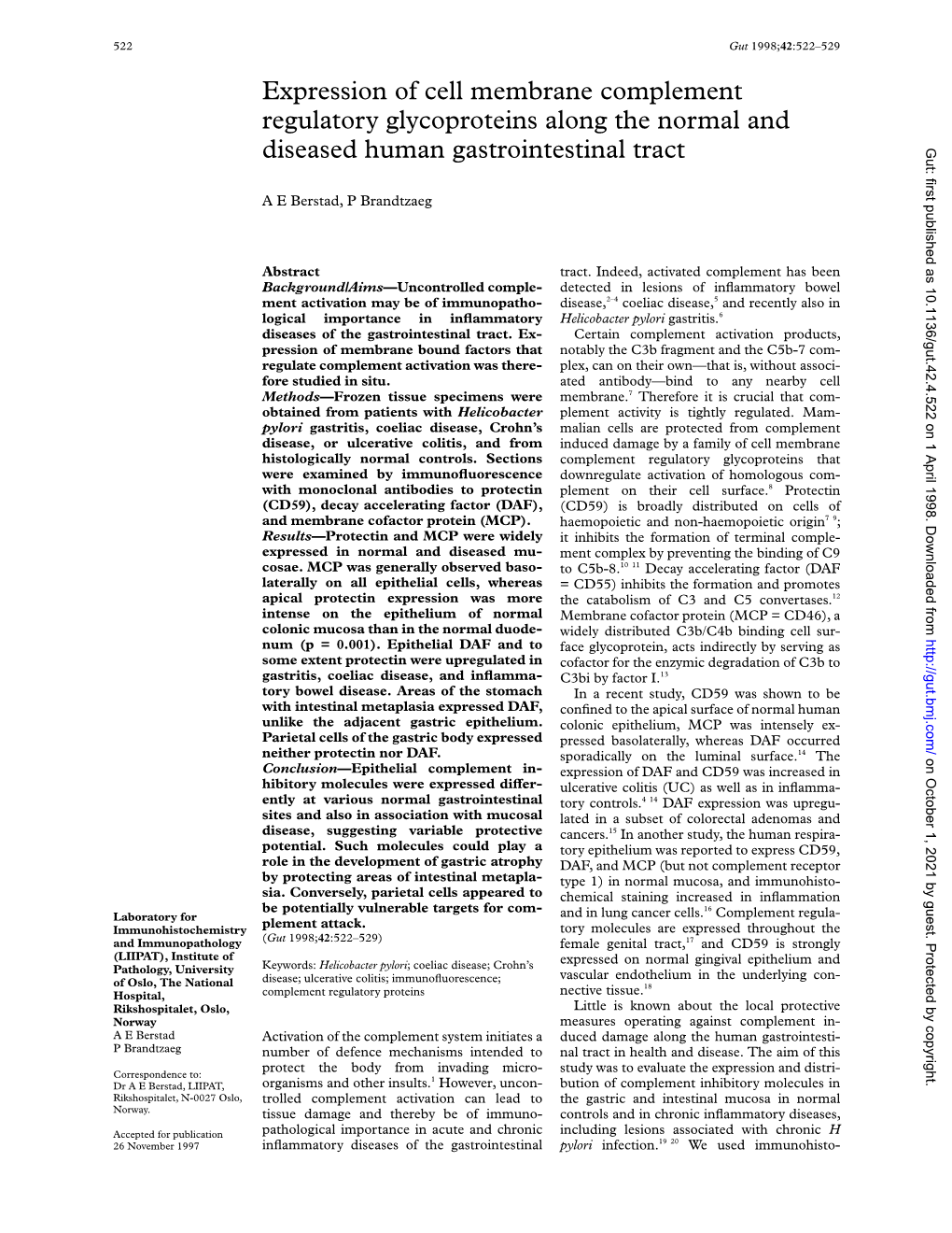 Expression of Cell Membrane Complement Regulatory Glycoproteins Along the Normal and Diseased Human Gastrointestinal Tract