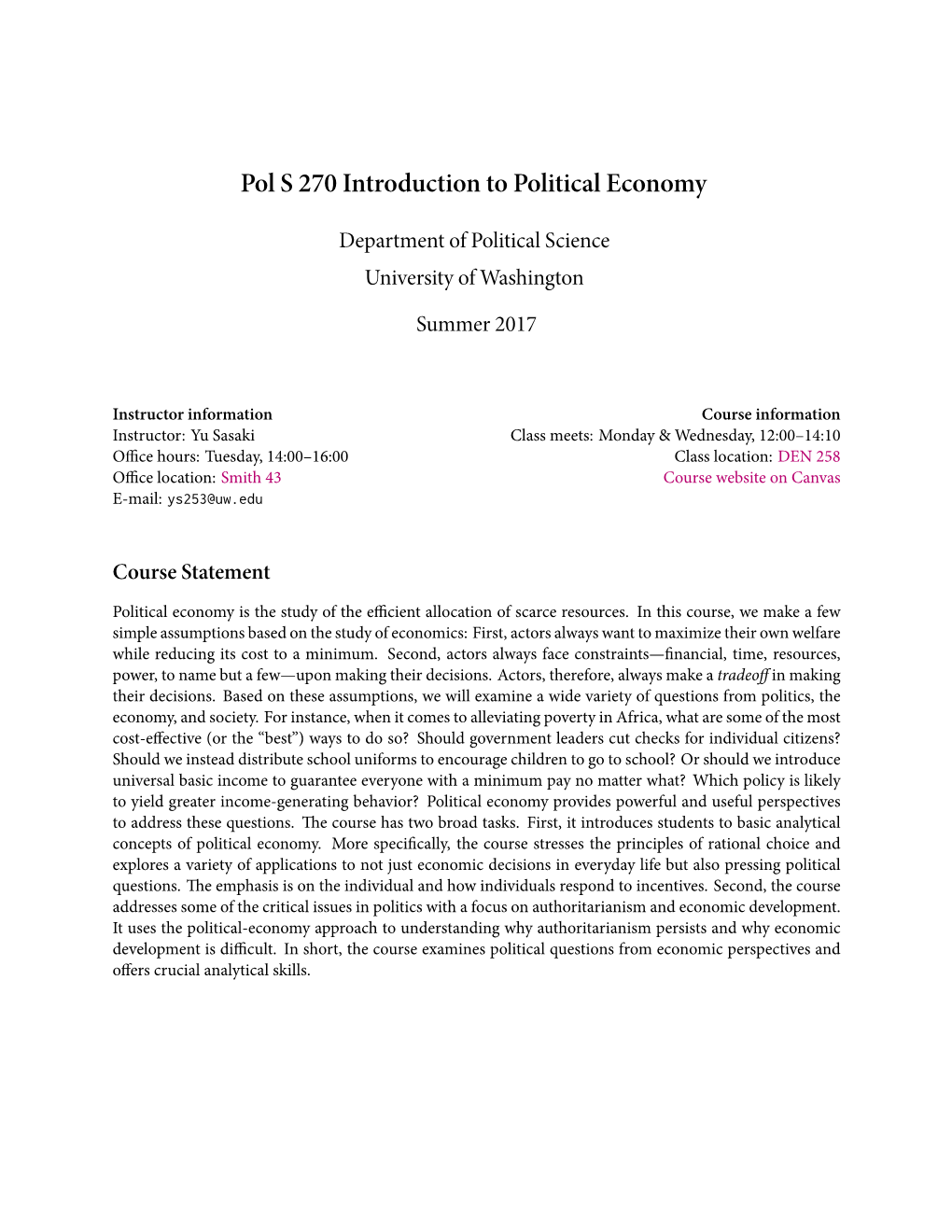 Pol S 270 Introduction to Political Economy