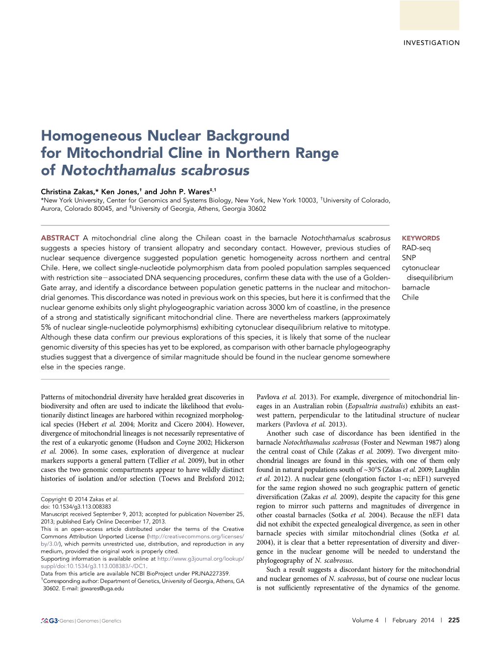 Homogeneous Nuclear Background for Mitochondrial Cline in Northern Range of Notochthamalus Scabrosus