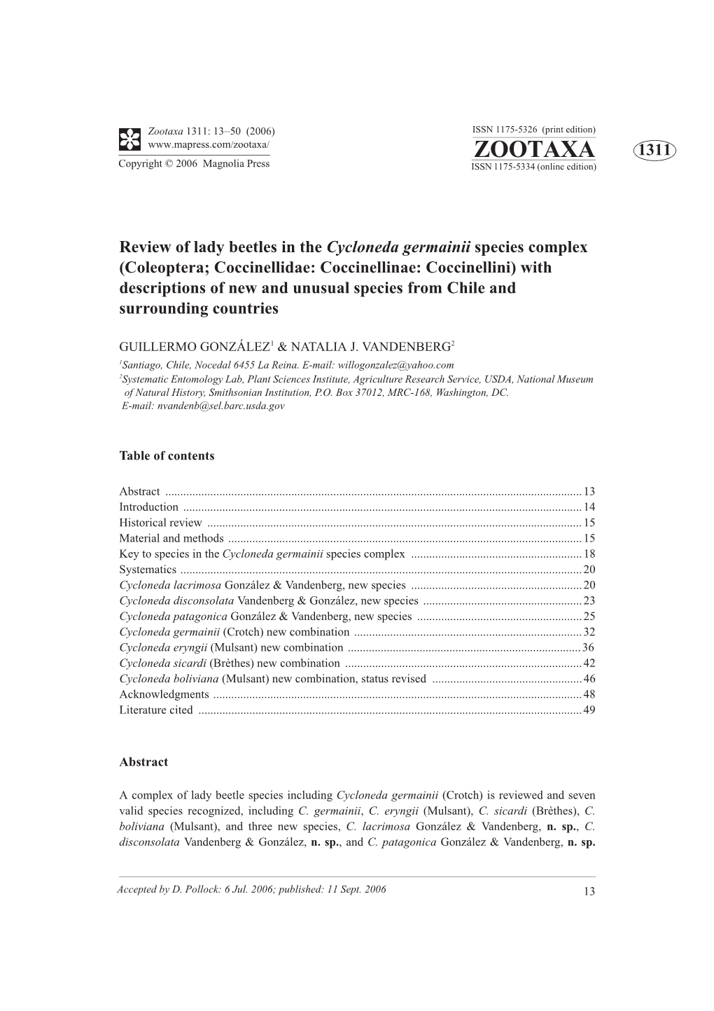 Zootaxa: Review of Lady Beetles in the Cycloneda Germainii Species Complex (Coleoptera; Coccinellidae: Coccinellinae: Coccinelli