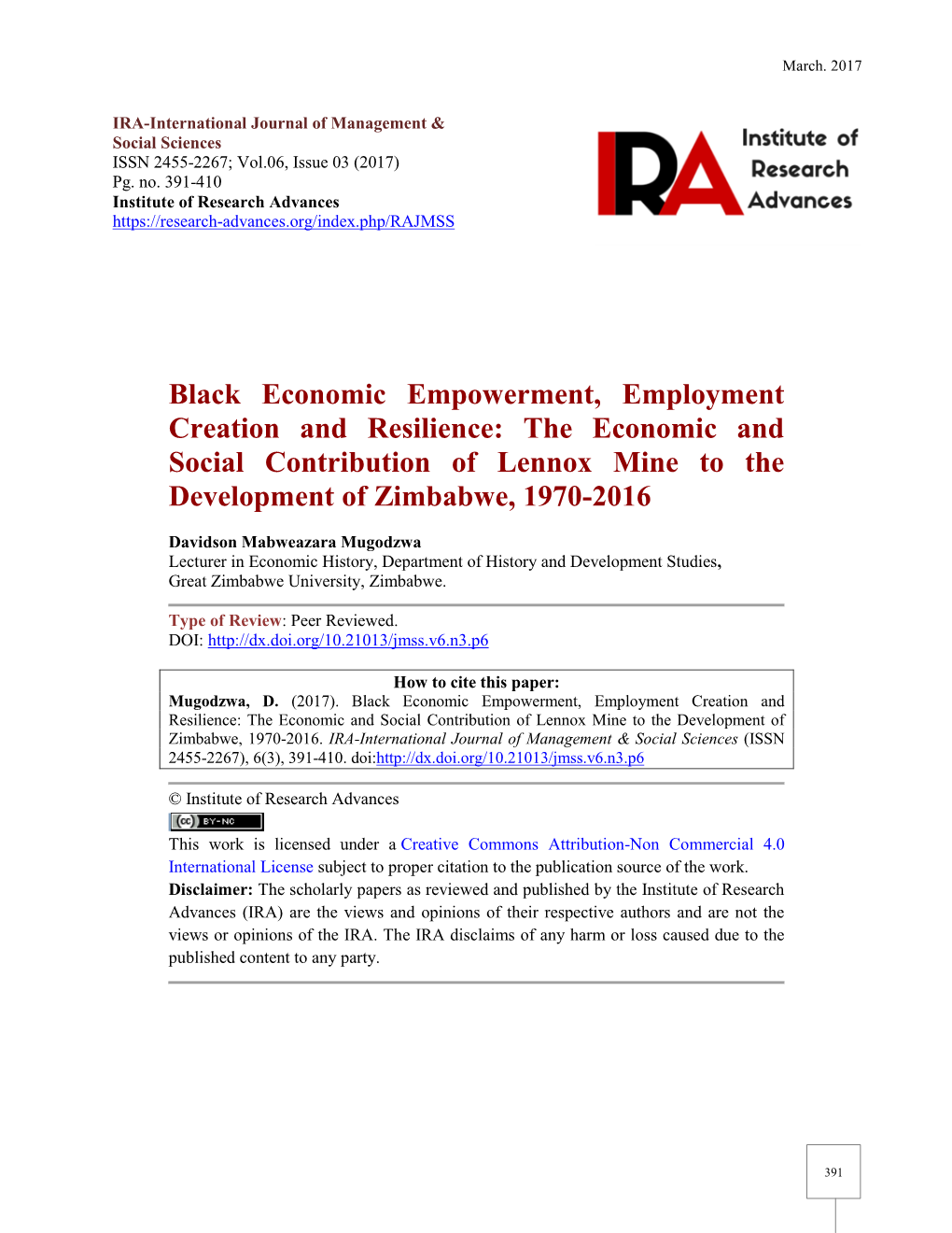 The Economic and Social Contribution of Lennox Mine to the Development of Zimbabwe, 1970-2016