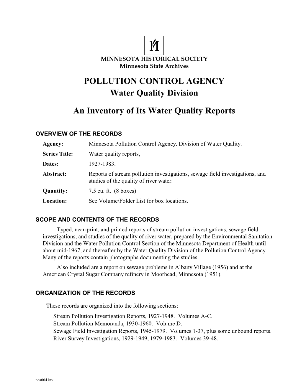 POLLUTION CONTROL AGENCY Water Quality Division