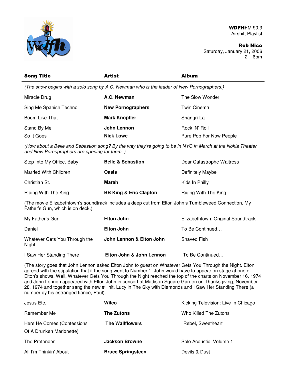 W DFHFM 90.3 Airshift Playlist Rob Nico Saturday, January 21, 2006 2