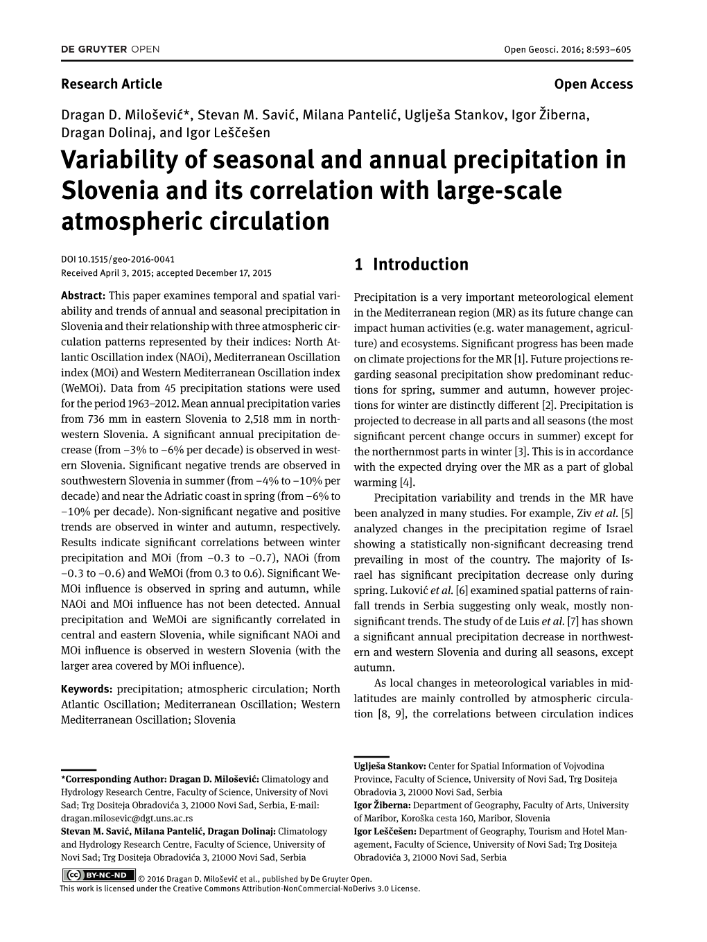 Variability of Seasonal and Annual Precipitation in Slovenia and Its Correlation with Large-Scale Atmospheric Circulation