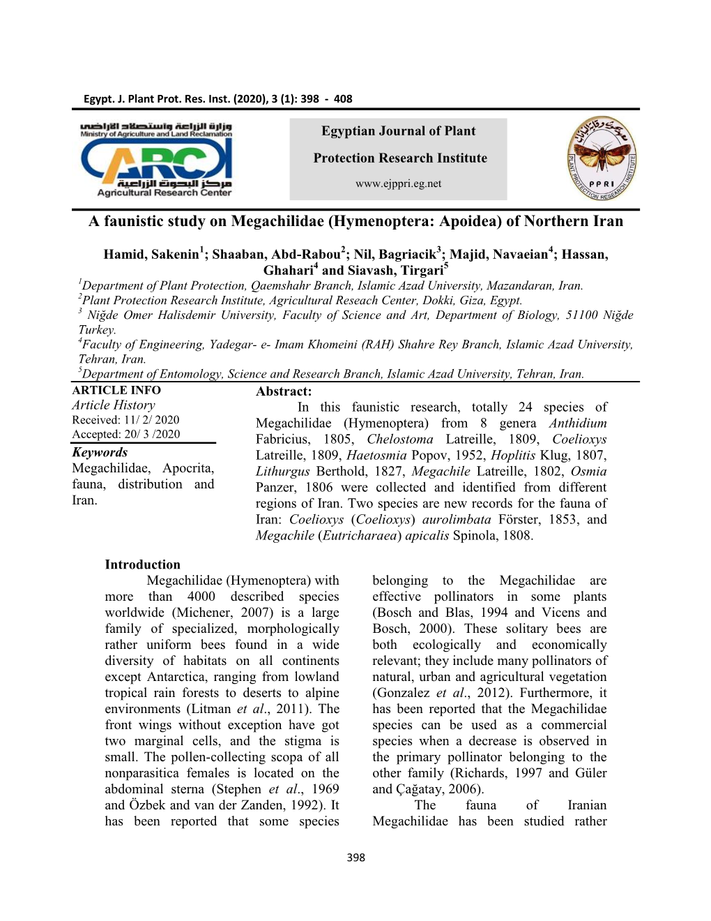 A Faunistic Study on Megachilidae (Hymenoptera: Apoidea) of Northern Iran