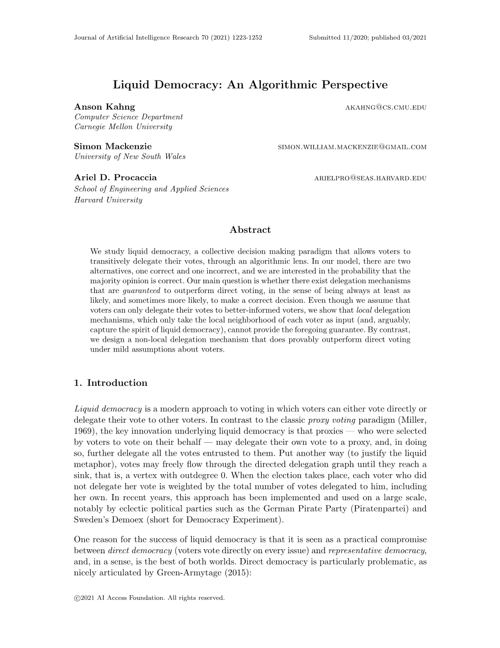 Liquid Democracy: an Algorithmic Perspective