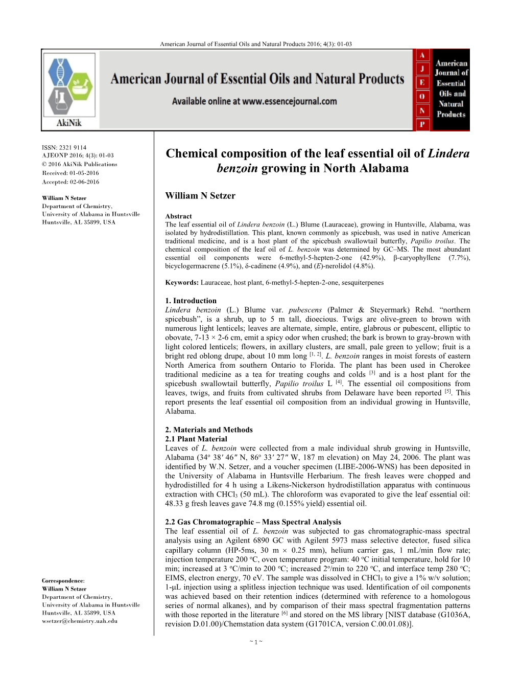 Chemical Composition of the Leaf Essential Oil of Lindera Benzoin