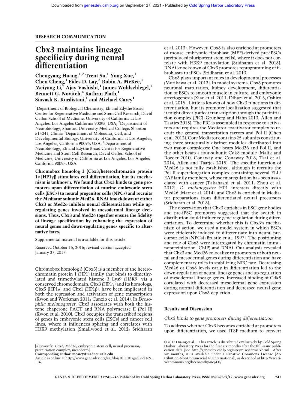 Cbx3 Maintains Lineage Specificity During Neural Differentiation