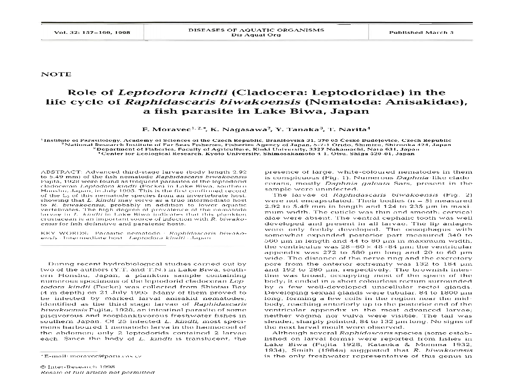 Role of Leptodora Kindti (Cladocera: Leptodoridae) in the Life Cycle of Raphidascaris Biwakoensis (Nematoda: Anisakidae), a Fish Parasite in Lake Biwa, Japan