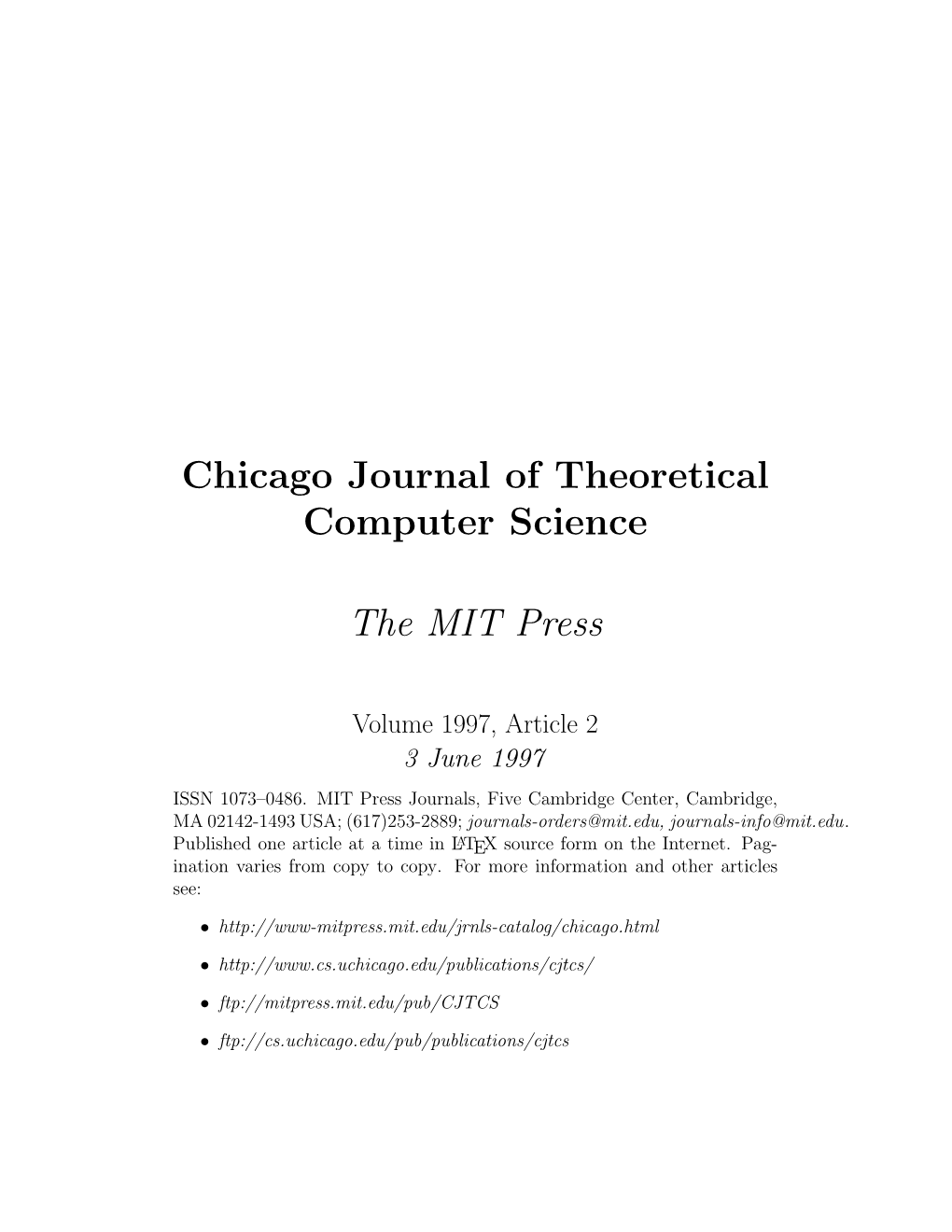 Chicago Journal of Theoretical Computer Science the MIT Press