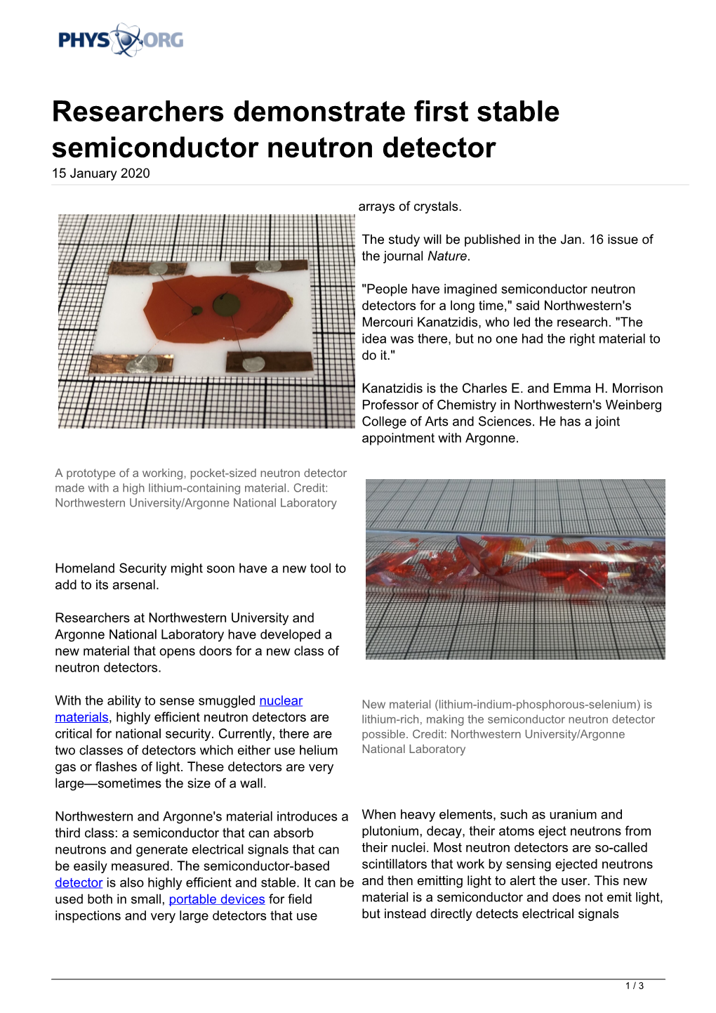 Researchers Demonstrate First Stable Semiconductor Neutron Detector 15 January 2020