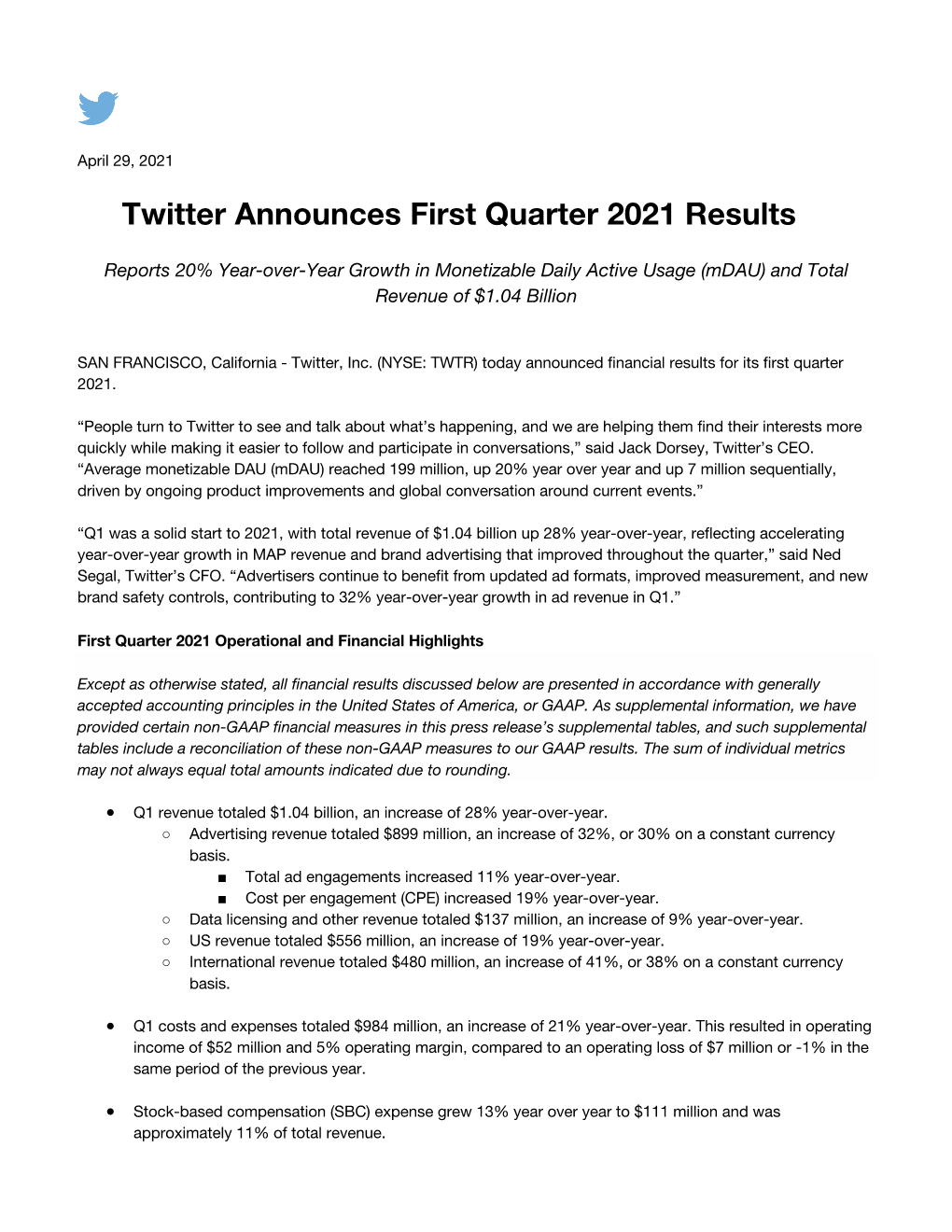 Twitter Announces First Quarter 2021 Results