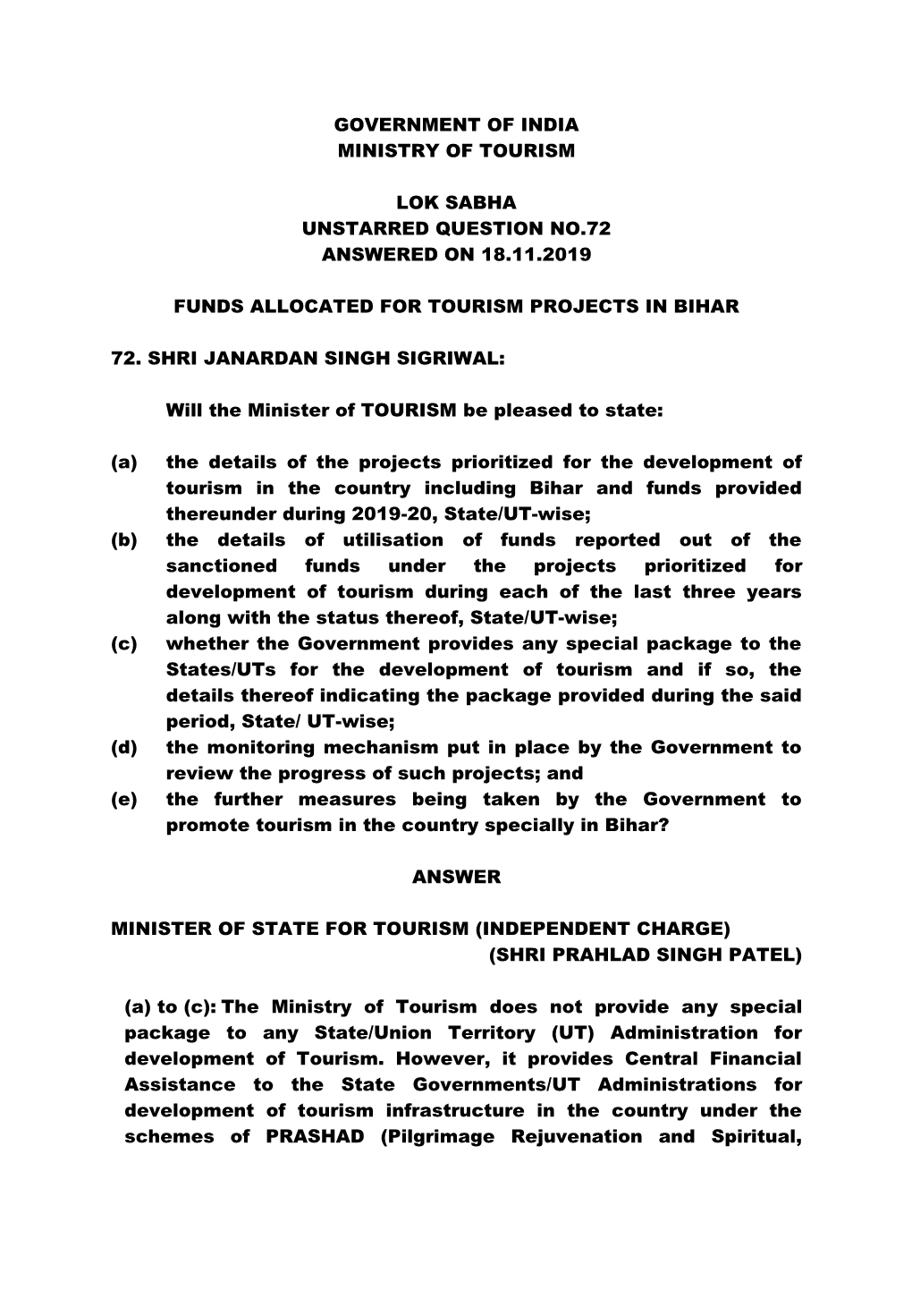 Government of India Ministry of Tourism Lok Sabha