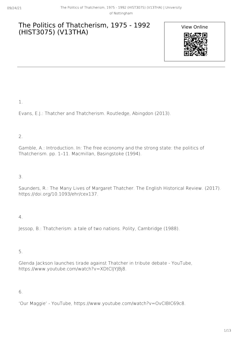 The Politics of Thatcherism, 1975 - 1992 (HIST3075) (V13THA) | University of Nottingham