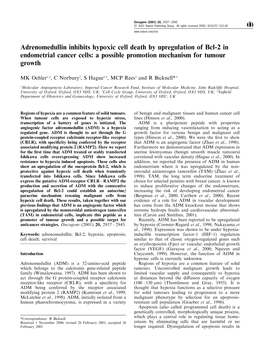 Adrenomedullin Inhibits Hypoxic Cell Death by Upregulation of Bcl-2 in Endometrial Cancer Cells: a Possible Promotion Mechanism for Tumour Growth