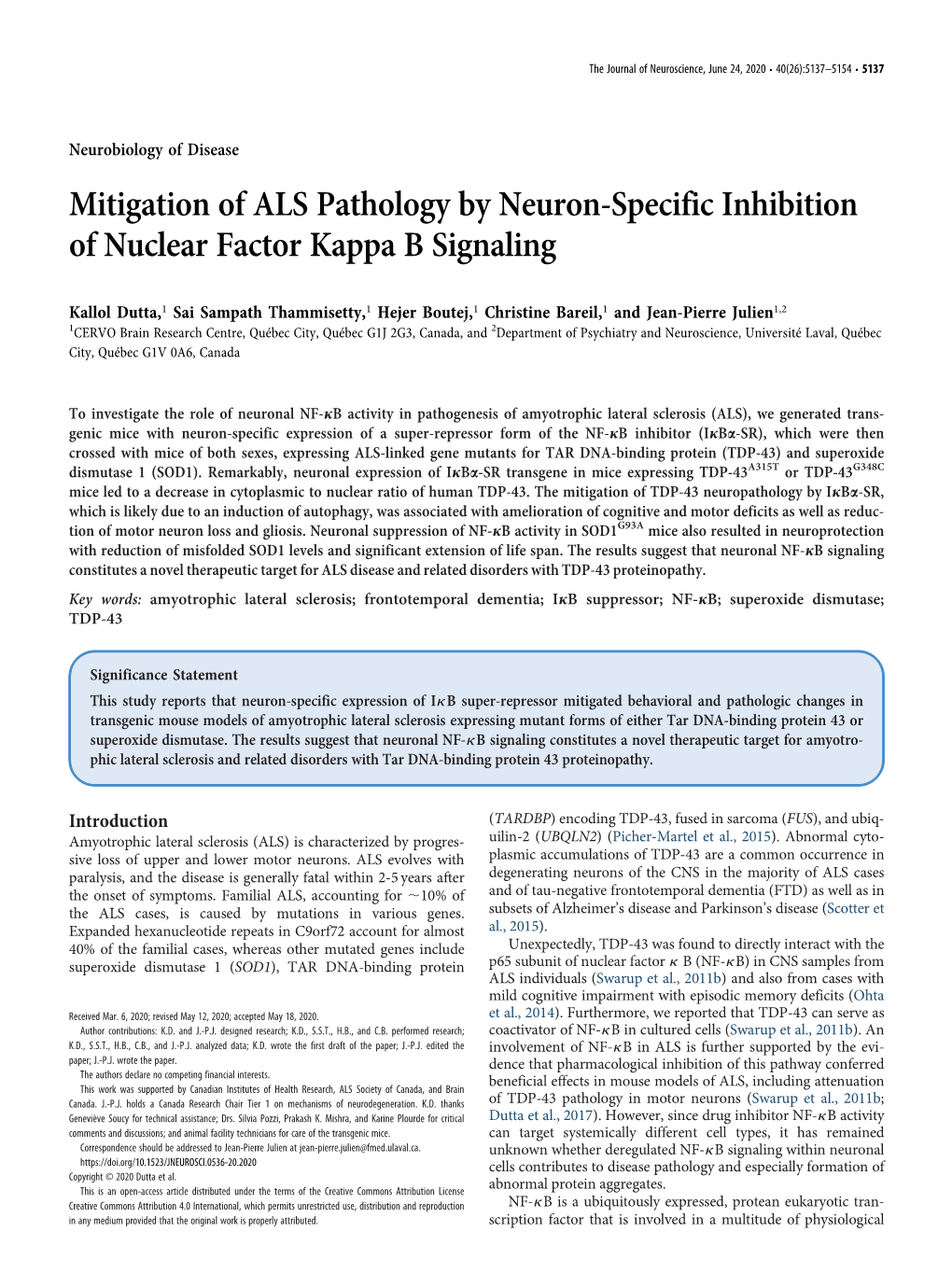 Mitigation of ALS Pathology by Neuron-Specific Inhibition of Nuclear Factor Kappa B Signaling