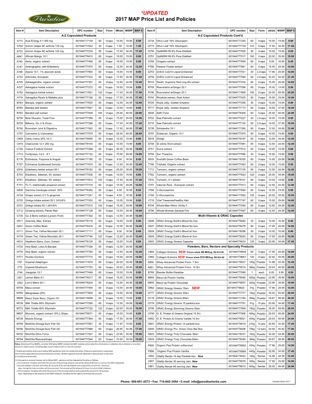 *UPDATED 2017 MAP Price List and Policies