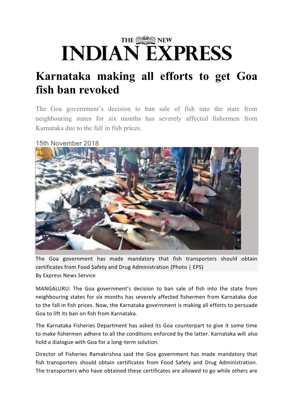 Karnataka Making All Efforts to Get Goa Fish Ban Revoked