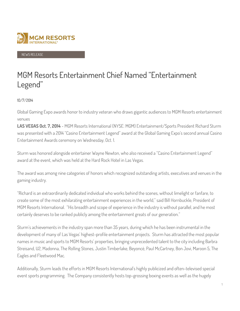 MGM Resorts Entertainment Chief Named “Entertainment Legend”