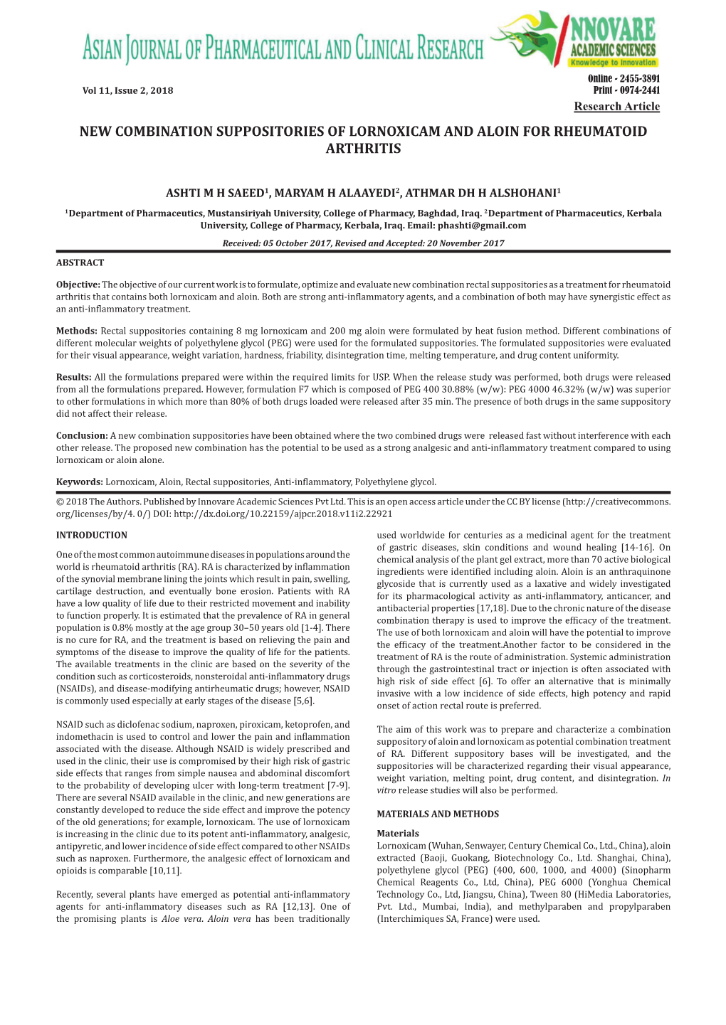 New Combination Suppositories of Lornoxicam and Aloin for Rheumatoid Arthritis