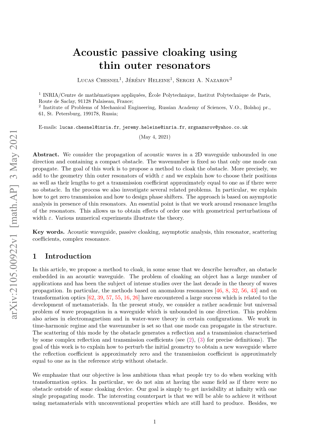 Acoustic Passive Cloaking Using Thin Outer Resonators