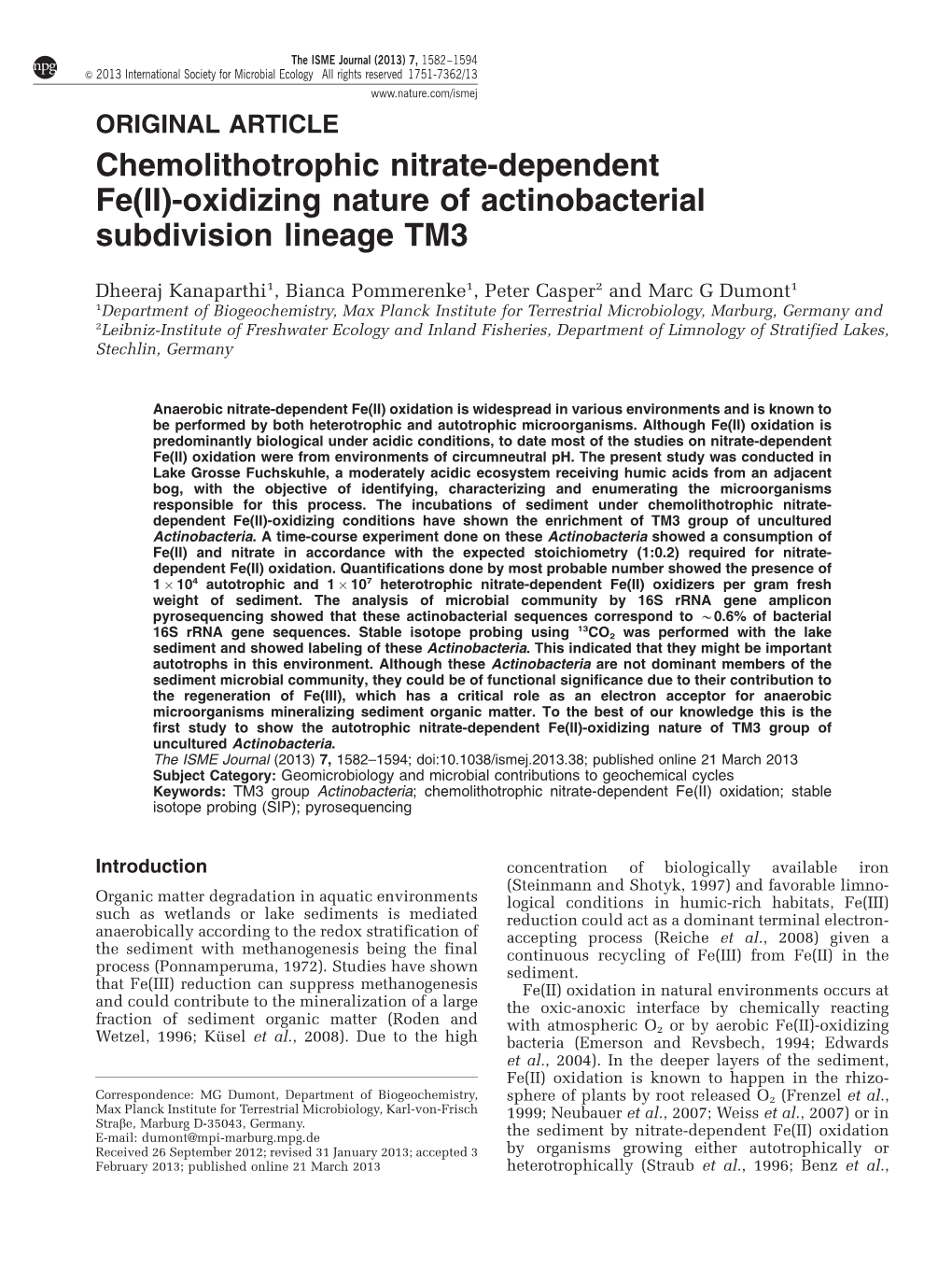 Chemolithotrophic Nitrate-Dependent Fe(II)-Oxidizing Nature of Actinobacterial Subdivision Lineage TM3