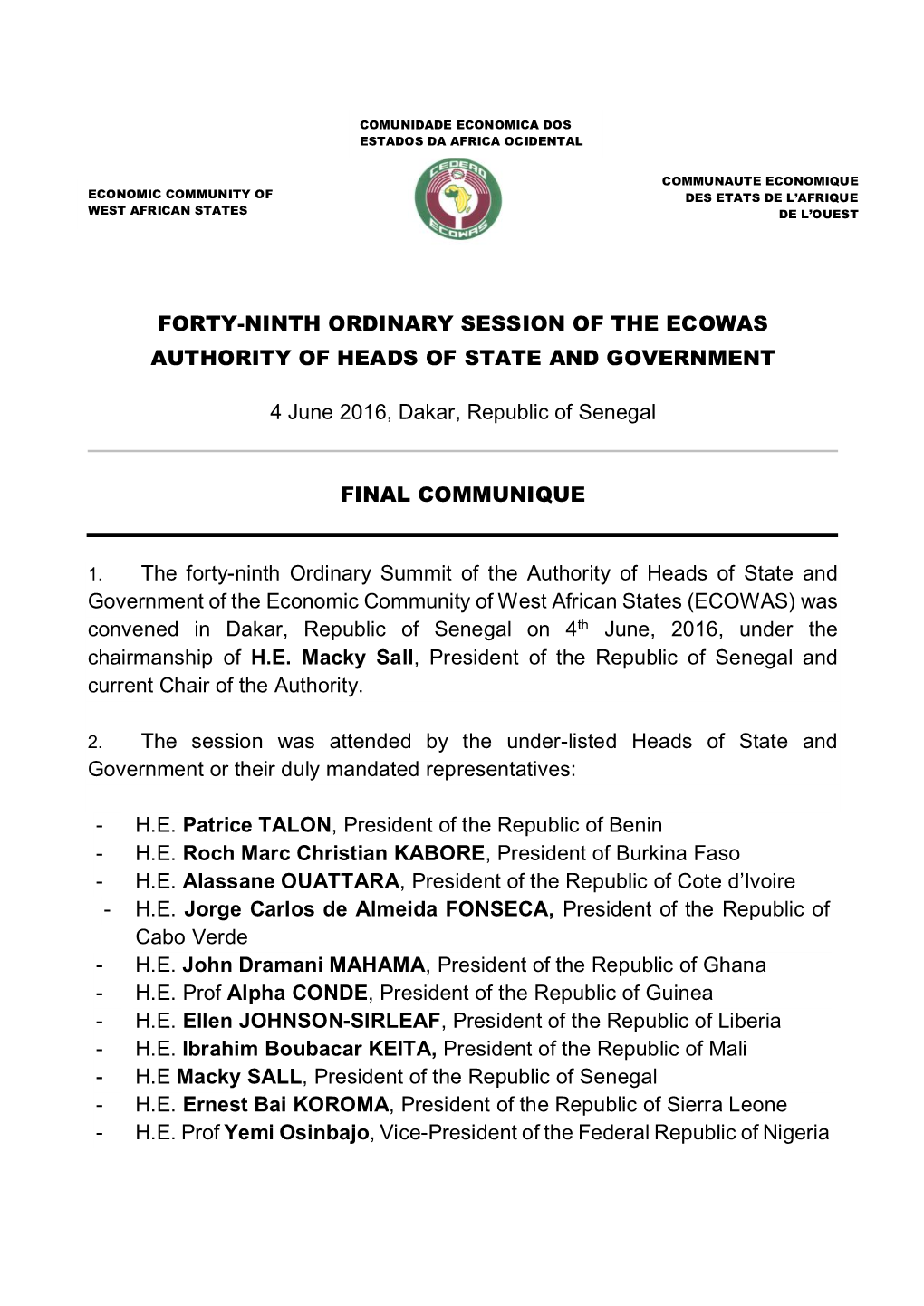Forty-Ninth Ordinary Session of the Ecowas Authority of Heads of State and Government