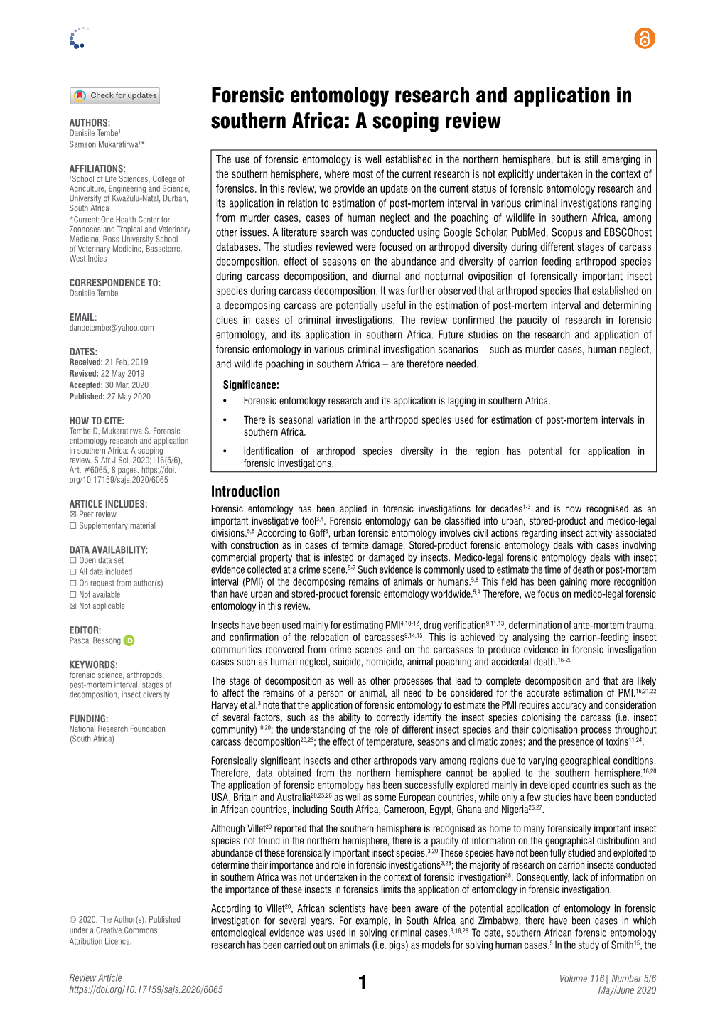 Forensic Entomology Research and Application in Southern Africa Page 2 of 8